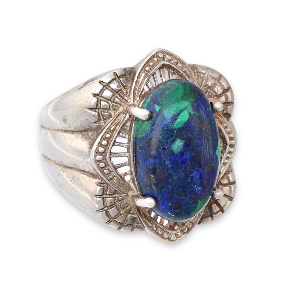 Vintage Azurite Malachite Sterling Silver Ring Size 7 Blue Green Azurmalachite